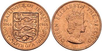 Джерси 1/12 шиллинга 1966 900 лет Нормандскому завоеванию KM 26 бронза UNC 4512-326