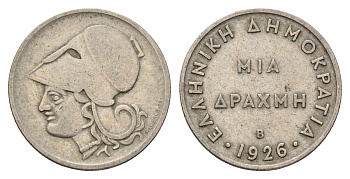 Греция 1 драхма 1926 Афина в коринфском шлеме, год-тип KM 69 медно-никель 4670-117