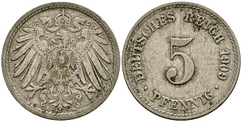 Германия 5 пфеннигов 1909 A, KM 11, J. 12 медно-никель 4608-853