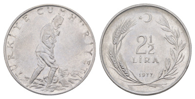 Турция 2 1/2 лиры 1977 KM 893.2 нержавеющая сталь 4364-4226