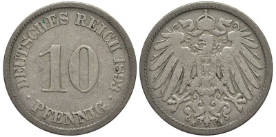 ГЕРМАНИЯ 10 ПФЕННИГОВ 1893 A KM 12, Jager 13, Weege 8 медно-никель 4381-541