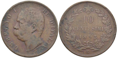 ИТАЛИЯ 10 ЧЕНТЕЗИМО 1893 R, УМБЕРТО I (1878-1900) KM 27.1 медь 111-826