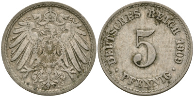 Германия 5 пфеннигов 1909 A, KM 11, J. 12 медно-никель 4608-853