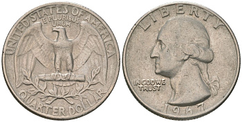 США 25 центов (квотер) 1967 Вашингтон KM 164a медь плакированная медно-никелем 4601-1111