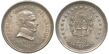 Уругвай 25 сентесимо 1960 KM 40 медно-никель 4169-1033