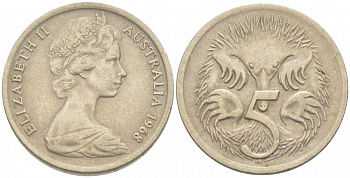 АВСТРАЛИЯ 5 ЦЕНТОВ 1968 ЕЛИЗАВЕТА II, МОЛОДОЙ ПОРТРЕТ, ЕХИДНА KM 64 медно-никель 3851-1122