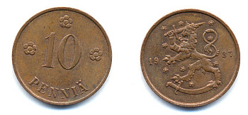Финляндия 10 пенни 1937 KM 24 медь 51-5634