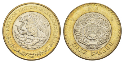 Мексика 10 песо 1998 Мо, бог Тонатиуха с огненной маской KM 616 биметалл aUNC 4637-721