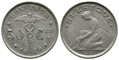 БЕЛЬГИЯ 50 САНТИМОВ 1929 BELGIQUE KM 87 никель 4385-666