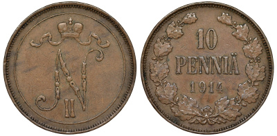 Россия для Финляндии 10 пенни 1914 Николай II (1894-1917) Биткин 437 медь 51-1325