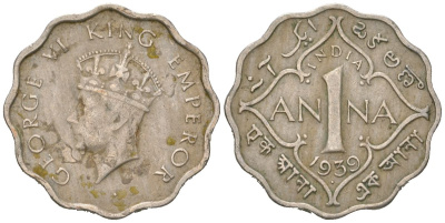 Британская Индия 1 анна 1939 Георг VI (1936-1952), точка - Бомбей KM 536 медно-никель 4615-243