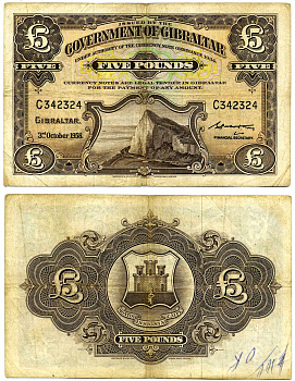 ГИБРАЛТАР 5 ФУНТОВ 1958 3 ОКТЯБРЯ 1958, TDLR Pick 19а бумага 451-374-1