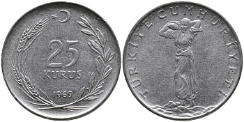 Турция 25 курушей 1969 KM 892.3 нержавеющая сталь 4541-634