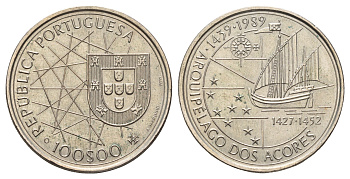 Португалия 100 эскудо 1989 Золотой век открытий - Открытие Азорских островов KM 648 медно-никель UNC 63-1244