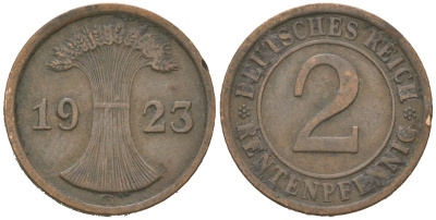 Германия 2 рентенпфеннига 1923 G, Вильгельм II (1888-1918) KM 31, J. 307 бронза 4615-723