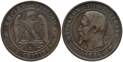ФРАНЦИЯ 10 САНТИМОВ 1854 А, НАПОЛЕОН III (1852-1870) KM 771.1 бронза 32-932
