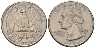 США 25 центов = квотер = 1/4 доллара 1996 P, Джордж Вашингтон KM 164a медь плакированная медно-никелем 216-756