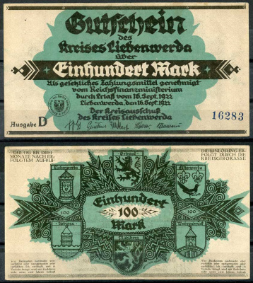 Германия, Либенверда 100 марок 1922 нотгельд, 16.09.1922, серия D M. 2720.3 бумага UNC (пресс) 00-00