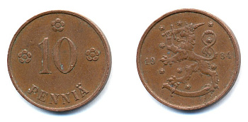 Финляндия 10 пенни 1934 республика (1918-1962) KM 24 медь 51-5356