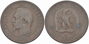 ФРАНЦИЯ 10 САНТИМОВ 1854 K, НАПОЛЕОН III (1852-1870) KM 771.5, LE FRANC 133.15 бронза 38-1012