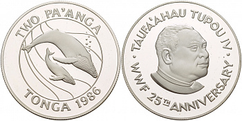 Тонга 2 паанга 1986 серия 25 лет защиты окружающей среды, кит кашалот KM 121 серебро PROOF 1066-3-22