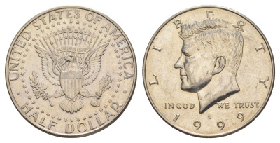 США 1/2 доллара (50 центов) 1999 D, Джон Кеннеди KM A202b медь плакированная медно-никелем aUNC 4512-1223