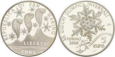 Сан-Марино 5 евро 2005 Зимние Олимпийские игры 2006 в Турине, снежинка,  в оригинальной коробке, с сертификатом KM 511 серебро PROOF 4-5-1-18
