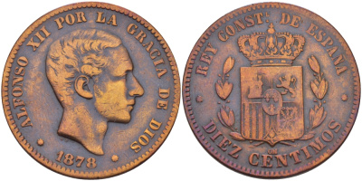 ИСПАНИЯ 10 СЕНТИМО 1878 ОМ, АЛЬФОНСО XII (1874-1885) KM 675 бронза 38-223