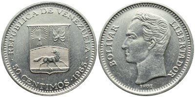 Венесуэла 50 сентимо 1965 Симон Боливар KM 41, Schon 51 никель 4392-967