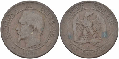 ФРАНЦИЯ 10 САНТИМОВ 1854 K, НАПОЛЕОН III (1852-1870) KM 771.5, LE FRANC 133.15 бронза 38-1012