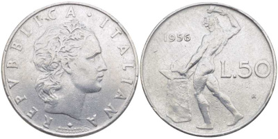 Италия 50 лир 1956 R, бог огня Вулкан у наковальни KM 95.1 нержавеющая сталь 34-312