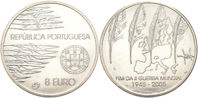 Португалия 8 евро 2005 60 лет окончания 2-ой мировой войне KM 773 серебро UNC 00-00