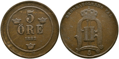 Швеция 5 эре 1882/1 Оскар II (1872-1907) король Швеции и Норвегии, 2 перерезана из 1 KM 736 бронза 36-352