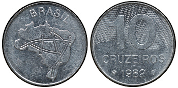 БРАЗИЛИЯ 10 КРУЗЕЙРО 1982 KM 593.1 сталь aUNC 72-1447