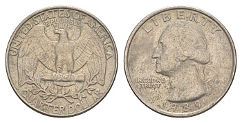 США 25 центов = квотер = 1/4 доллара 1989 P, Джордж Вашингтон KM 164a медь плакированная медно-никелем 4652-451