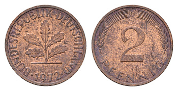 ФРГ 2 пфеннига 1972 G KM 106a, J.381a сталь плакированная медью 4618-936