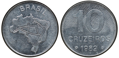 БРАЗИЛИЯ 10 КРУЗЕЙРО 1982 KM 593.1 сталь aUNC 72-1447