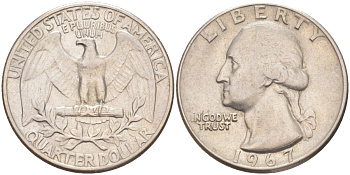 США 25 центов (квотер) 1967 Вашингтон KM 164а медь плакированная медно-никелем 4397-426
