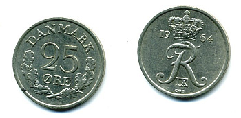 ДАНИЯ 25 ЭРЕ 1964 KM 850 медно-никель 04-921