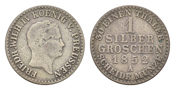 Пруссия 1 серебряный грош 1852 A, Фридрих Вильгельм IV (1840-1861) KM 435 серебро 4655-822