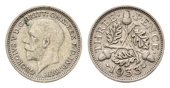 Великобритания 3 пенса 1933 Георг V (1910-1936) KM 831, Spink 4042 серебро 4669-356
