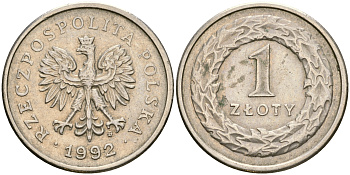 Польша 1 злотый 1992 MW KM 282 медно-никель 4364-1715
