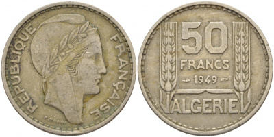 Алжир, Французский 50 франков 1949 KM 92 медно-никель 51-1024
