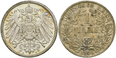 Германия 1 марка 1909 A Weege 18, J. 17, KM 14 серебро aUNC 65-224