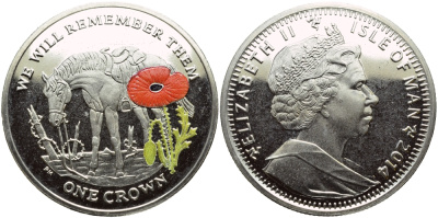 Остров Мэн 1 крона 2014 в память героев первой мировой войны, одинокая лошадь, красный мак KM NEW медно-никель, эмаль  PROOF 1071-4-41