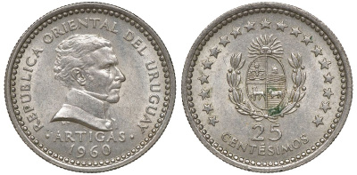 Уругвай 25 сентесимо 1960 KM 40 медно-никель 4169-817