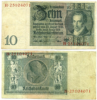 Германия 10 рейхсмарок 1929 Альбрехт Д. Тэер, буква E, серия H Pick 180a, Ros. 173е  бумага   7203-3-3-2