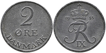 ДАНИЯ 2 ЭРЕ 1955 N; S, ФРЕДЕРИК IX (1947-1972) KM 840.1 цинк 28-1043