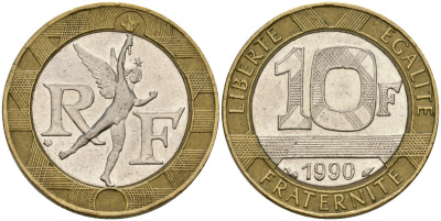 Франция 10 франков 1990 тип Гений Бастилии KM 964.1, Le Frank 375.5 биметалл 4135-1114