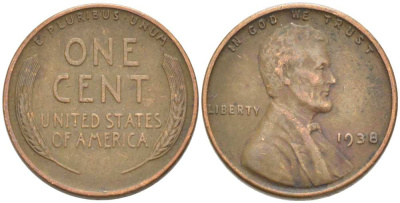 США 1 ЦЕНТ 1938 ЛИНКОЛЬН KM 132 бронза 3309-438